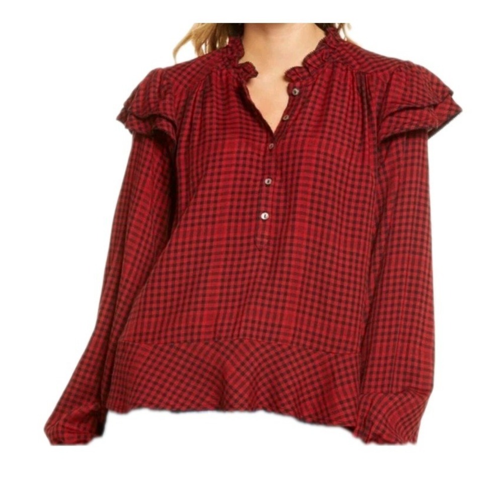 Faherty Medium Red CheckPlaid Check Print Relaxed Popover Blouse Top